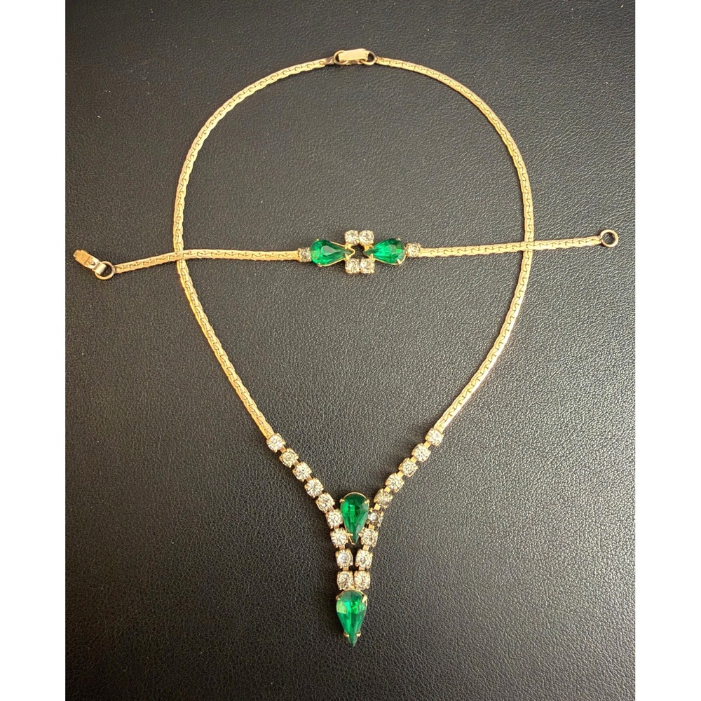 Vintage Rhinestone Necklace Bracelet Set Green Gold Tone